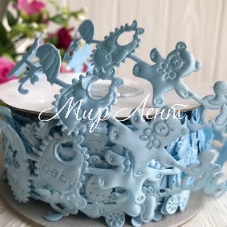 Мереживна дитяча стрічка, 2 см, пляшечка-парасолька-коляска, блакитна