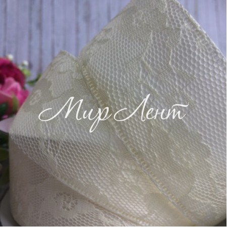 Атлас з мереживом New, 4 см, молочний