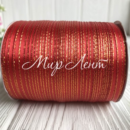 Атлас 0,3 см люрекс золото червоний рулон 225 м