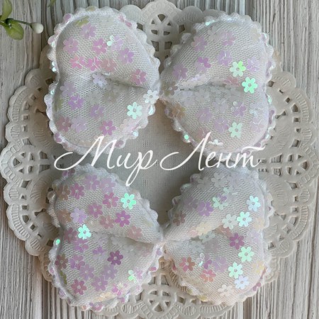 Аплікація бант з паєтками-квіточками (великий), 9,5х6,5 см, білий, шт.