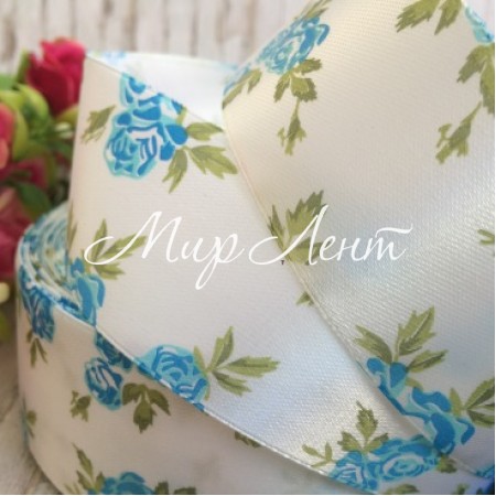 Атлас 4 см, розочка, бело-бирюзовая