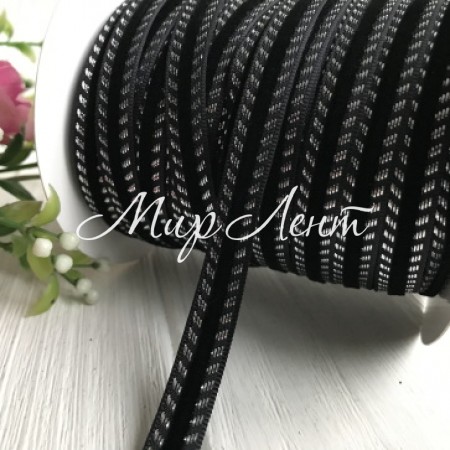 Стрічка велюр кантовий візерунок, 1 см, чорний зі сріблом, метр