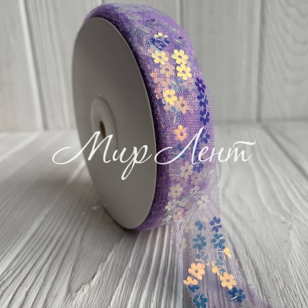 Стрічка з фатину з паєтками, 2,5 см, лавандовий, метр