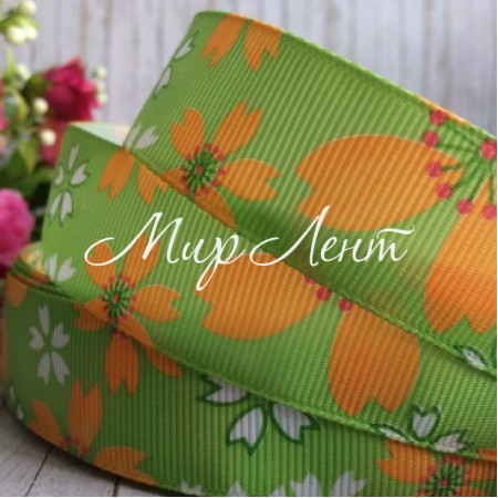 Репс 2,5 см, оливковий з оранжевими квітами