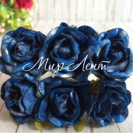 Троянда тканинна з блиском, 2,5 см, синій зі сріблом