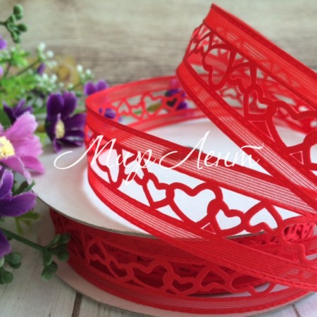 Ажурна стрічка (атлас з органзою), серце, 2,2 см, червоний