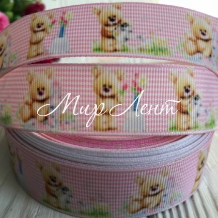 Репс 2,5 см, ведмедик на світло-рожевому