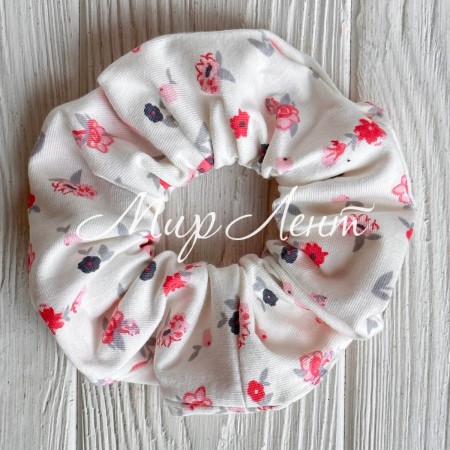 Скранч турецький трикотаж, 12 см, білий з малиновими квітами, шт.