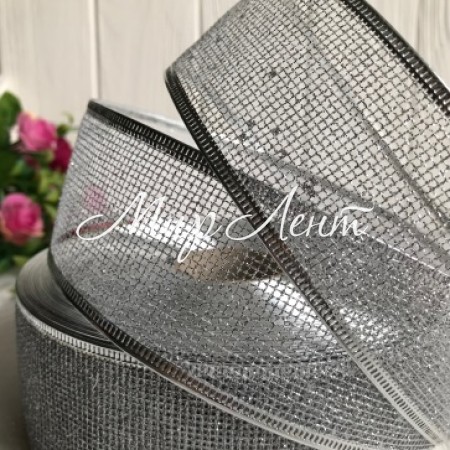 Стрічка новорічна сітка з блискітками, 3,8 см, срібло