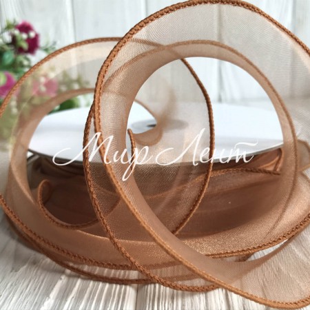 Органза з прошитим кантом, 3 см, карамельний, рулон 23 м