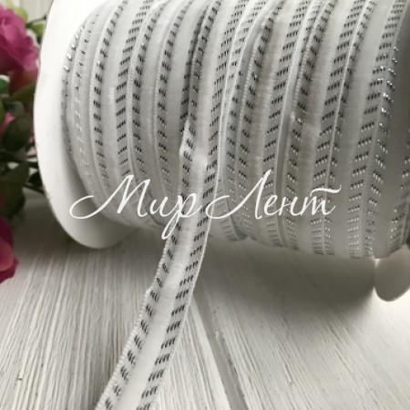 Стрічка велюр кантовий візерунок, 1 см, білий зі сріблом, метр