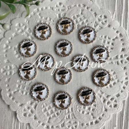 Серединка метал кругла з дівчиною в капелюсі, 17 мм, білий, шт.