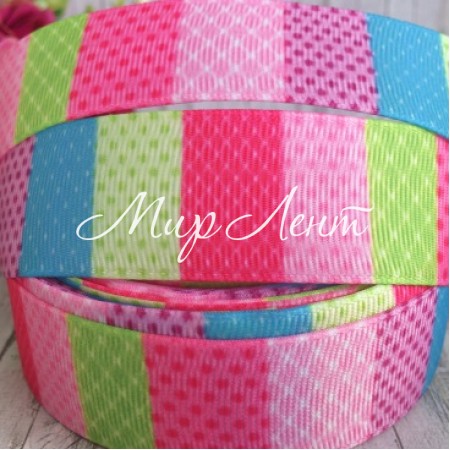 Репс 2,5 см, салатово-малиново-бірюзові квадрати з горохами та кліткою, 1 м