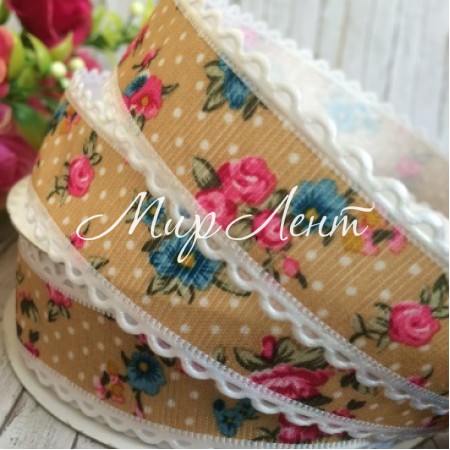 Лента с кружевным краем (горох и розы), 2,5 см, кофейный