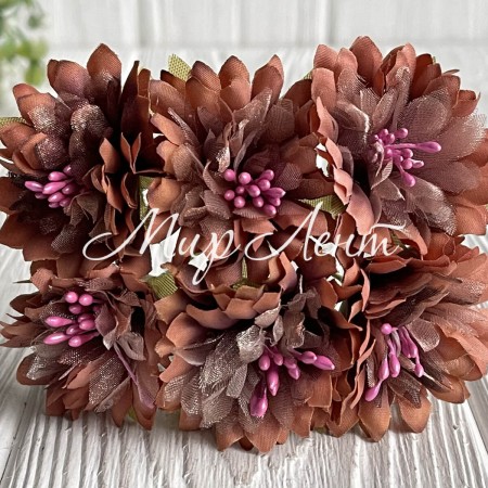 Хризантема тканинна з фатином, 4 см, коричнева, пучок