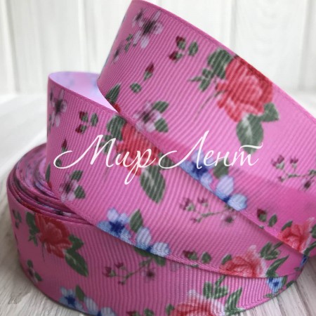 Репс 2,5 см, троянда та фрезія на рожевому, метр