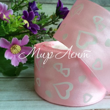 Атлас 4 см, серця маленькі, світло-рожевий, метр